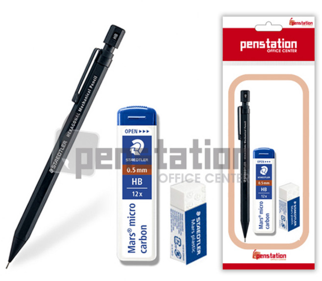 스테들러 925-77 헥사고날 샤프 0.5mm+샤프심+지우개 세트, 스테들러 블랙 0.5 샤프+HB 샤프심+블루 지우개