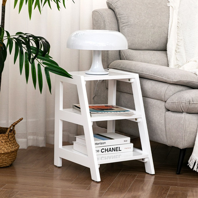 바네스데코 고무나무 사다리 원목 화분대 그릇선반장 협탁, 화이트