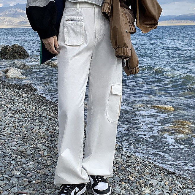 네모엔룩 여성용 지퍼포켓카고 스트링 코튼 건빵 롱 와이드 팬츠 NL