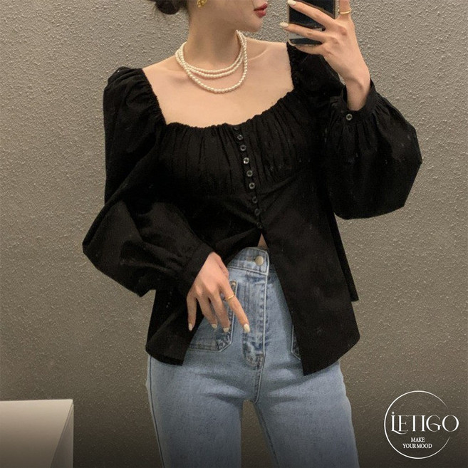 레티고 청순무드 스퀘어넥 오프숄더 버튼 블라우스 셔츠