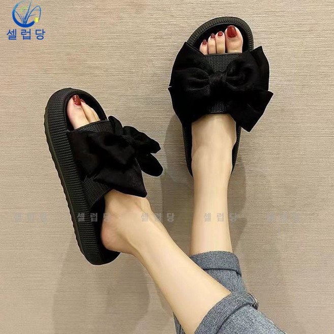 셀럽당 러블리 왕리본 샌들 여여름에 코디 일자 미끄럼 방지 통굽