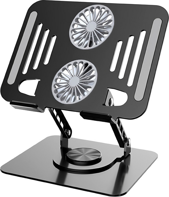 듀얼 팬 쿨러 노트북거치대 높이조절 360도 회전 태블릿 호환, 블랙