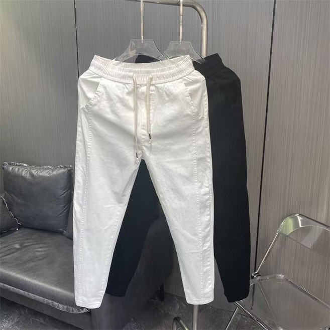 십전십미 여름 슬림핏 남자 캐주얼 청바지 솔리드 화이트 9부 조거 팬츠