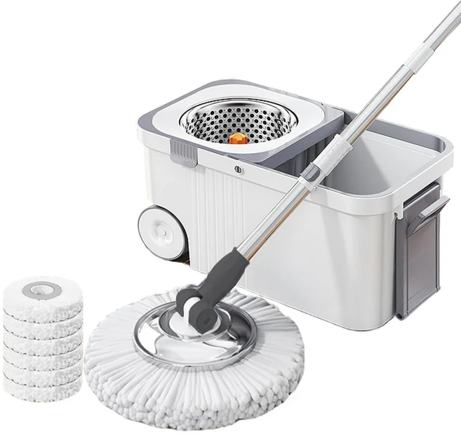 회전식 물 세트 (6개 교체용 헤드 리필 포함 확장형 손잡이 핸즈프리 자동 탈수 물통, 02 하얀색