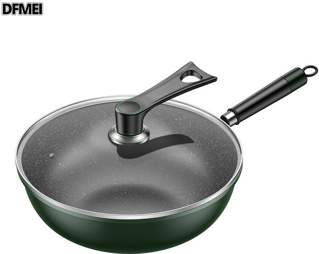 DFMEI 麥飯石不粘鍋家用炒菜鍋加厚一體鑄平底鍋通用爐竈熟鐵鍋, 1個, 墨綠色-30cm-炒鍋+可立蓋, 如圖