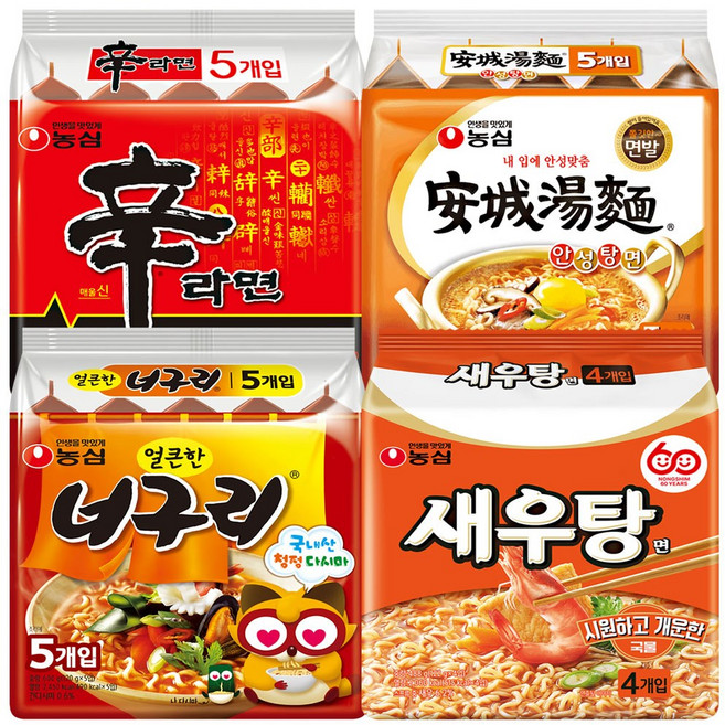 봉지라면4종 신라면5 안성탕면5 너구리5 새우탕면4, 2세트