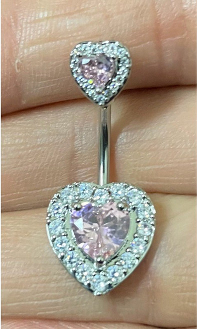 雙愛心心型肚臍環 鑲鑽鋯石 醫用不鏽鋼肚臍釘 歐美飾品, 現貨-鋼色粉鑽,6mm, 1個