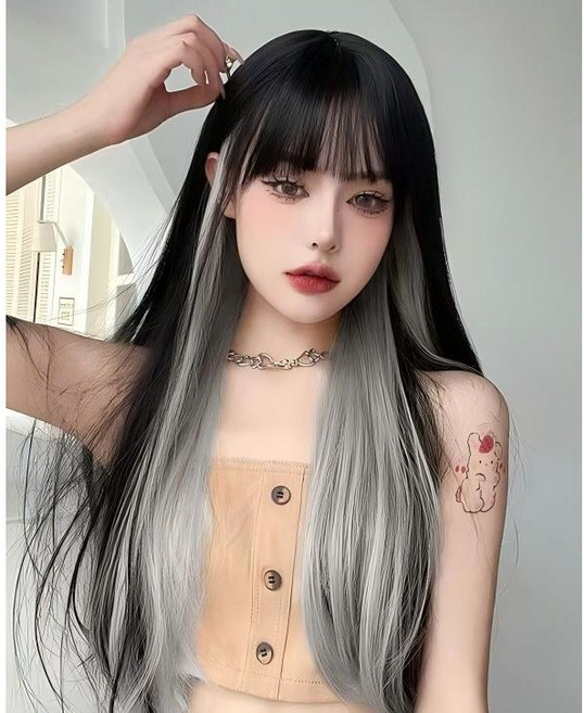 65CM보카시 웨이브 앞머리 긴머리 웨이브 여성 풀가발(가발 수납 포켓), 1개, 흑회색 날염