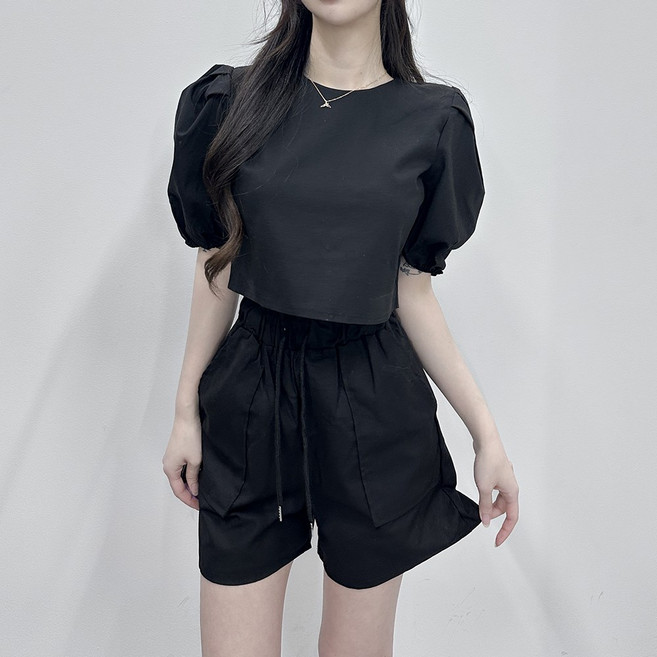 VANANA2 여성용 상하의세트 시원한 린넨 투피스 셋업 벌룬 퍼프소매 반팔 반바지 캐주얼 세트