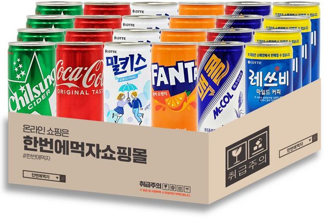 [한번에먹자] 미니캔 탄산음료 혼합세트 / 코카콜라 + 칠성사이다 + 밀키스 + 환타오렌지 + 맥콜 + 레쓰비업소 / 각4개씩 총24캔