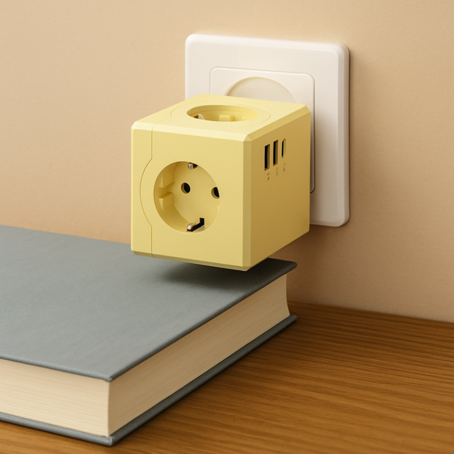 에코너 큐브멀티탭 예쁜 디자인 플러그형 고용량 4000W 캠핑 여행용 멀티 콘센트 6구(3구 플러그+Cto C타입1+USB A형 2), 1개, 옐로우, 11.6cm