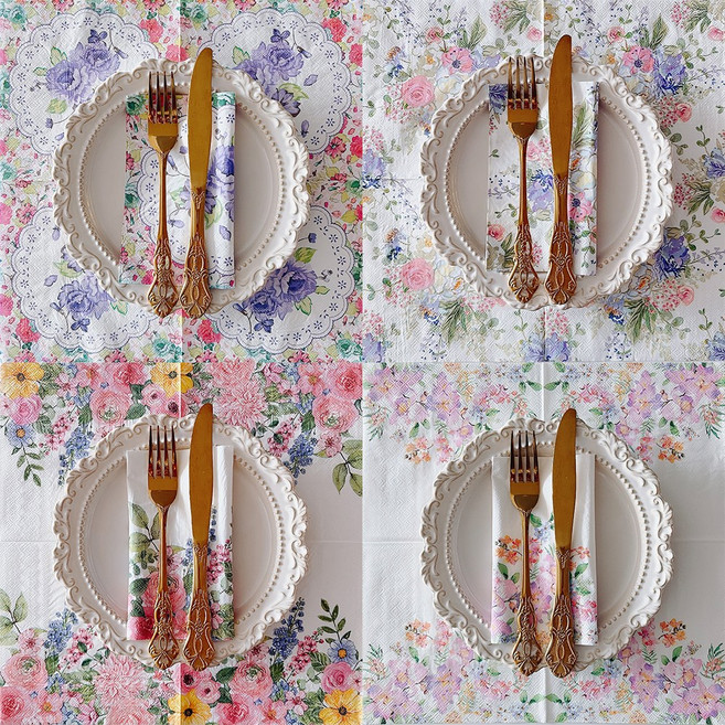 오릴리 파티 플라워 접대용 종이 냅킨 20탄, 1세트, 40개입, 워터컬러 블룸 33cm + 마가렛 33cm