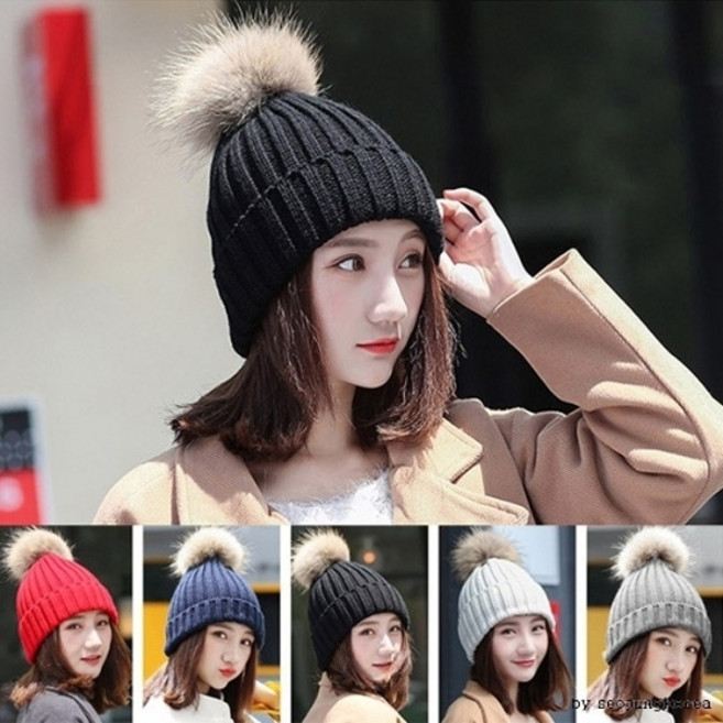 기타 여성 털 방울 모자 니트 라쿤 귀달이 비니 겨울 방한, 라쿤퍼 방울모자/네이비