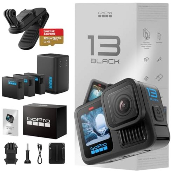 GoPro HERO13 Black 공식품 + 듀얼 배터리 충전기 + 배터리 3개 + 128GB 고속 SD 카드 + 마그네틱 스위블 클립 5.3K 60fps 10b