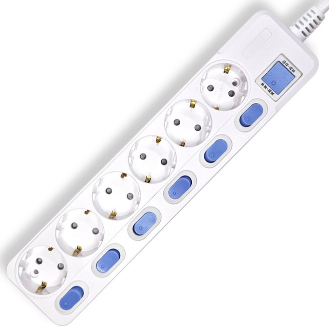 개별스위치+과부하차단 KC인증 접지 2800W 절전 콘센트 6구 멀티탭, 1개, 화이트(파란스위치), 1.5m