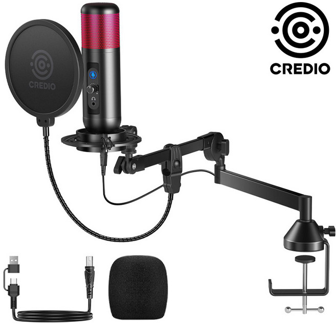 크레디오 노이즈캔슬링 게임 방송 ASMR 최신형 USB마이크 세트 CON100, CON100 마이크풀세트, 블랙