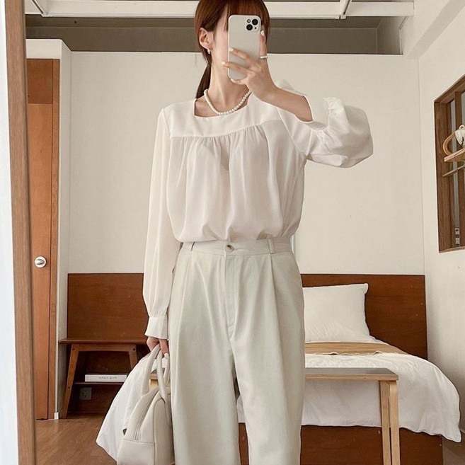 옷자락 여자 스퀘어넥 봄남방 셔링 긴팔 시스루 블라우스