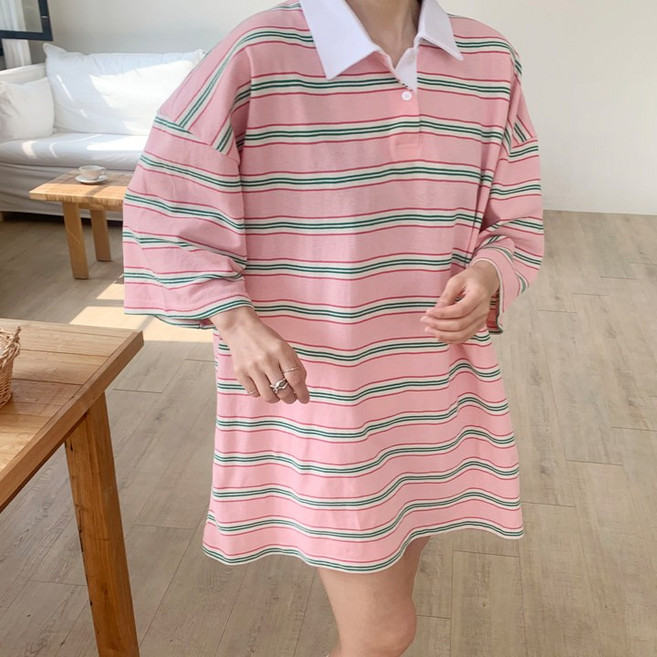 애플망고옷장 빅사이즈 여성 반팔 팝카라 단가라 롱박스티셔츠 오버핏 롱티