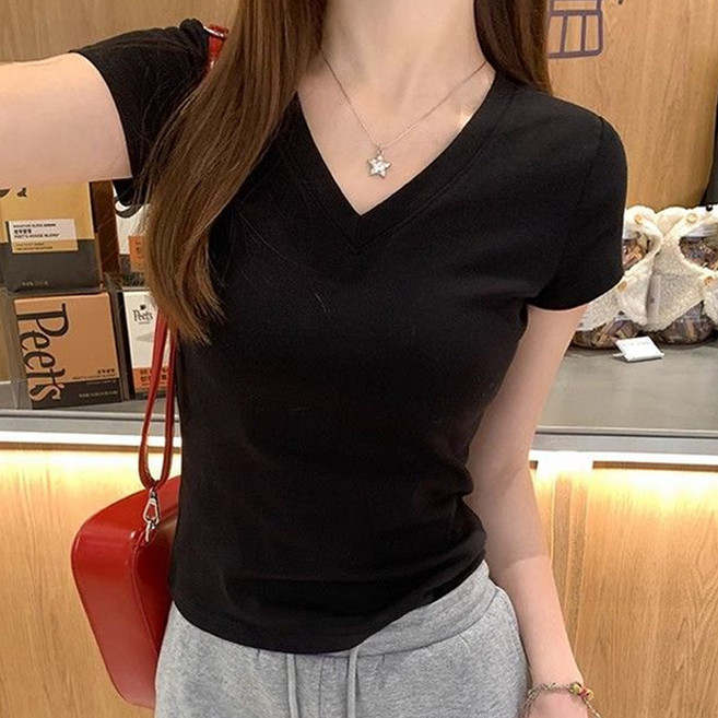 후암마켓 여성용 무지 브이넥 면스판 반팔 티셔츠 기본티 이너티