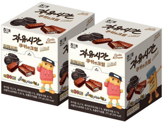 자유시간 미니 쿠키앤크림 초코바, 272g, 2개