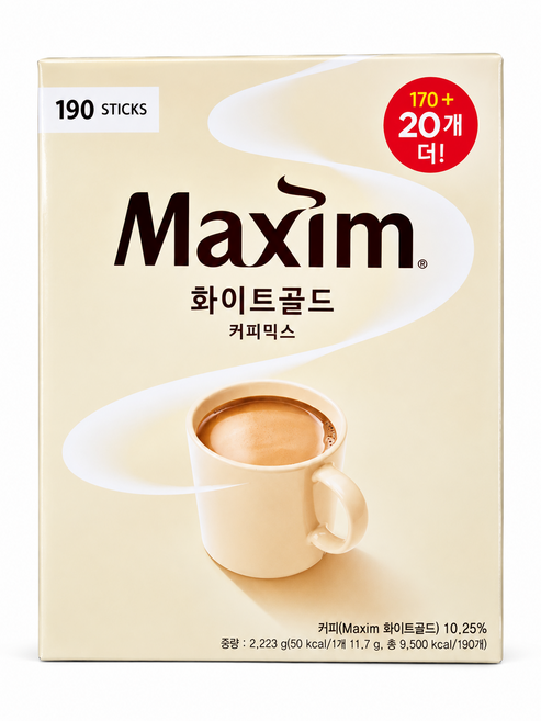 맥심 화이트골드 커피믹스 대용량 부드러운 커피믹스 스틱커피 사무실 가정용 인기커피 커피믹스 추천 화이트골드 대용량 홈카페커피믹스추천 무지방 우유 프리마커피 믹스커피추천, 11.7g, 190개입, 1개