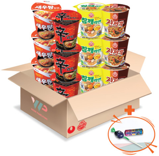 농심 오뚜기 컵라면 소컵 4종 혼합세트 새우탕 소컵3+신라면 소컵3+진짬뽕 소컵3+참깨라면 소컵3 총 12컵입 미니 멘토스+투시팝 사탕 사은품 2종 증정, 1개