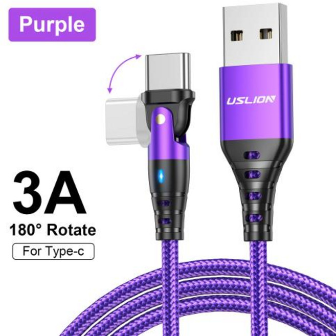 180 회전 3A USB 유형 C 케이블 와이어 아이폰 삼성 휴대 전화 빠른 충전 USB C 케이블 유형 C 충전기 데이터 케이블, 4)Purple For Type C, 1개, 0.5m