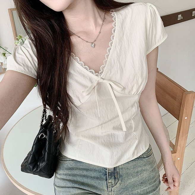 POMTOR 여름 여성 달콤한 날개 소매 블라우스