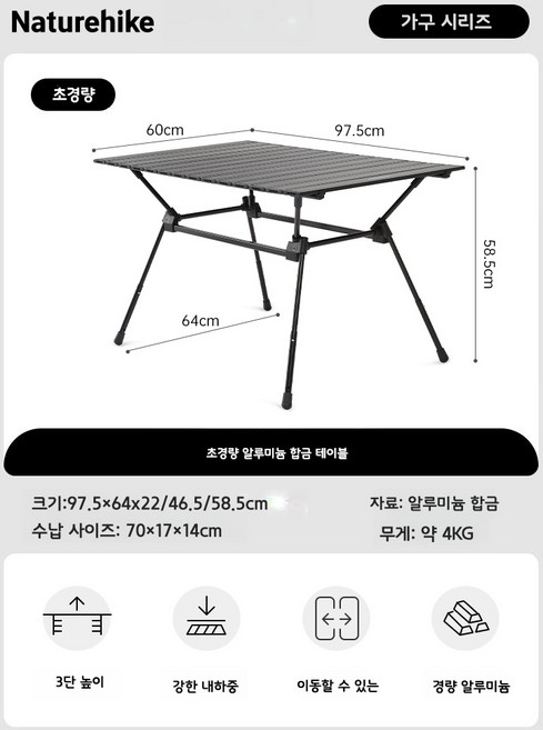 Naturehike 휴대용 야외 캠핑 테이블 휴대용 스텐 키친 폴딩 차박, 미끄럼 방지 야외 테이블