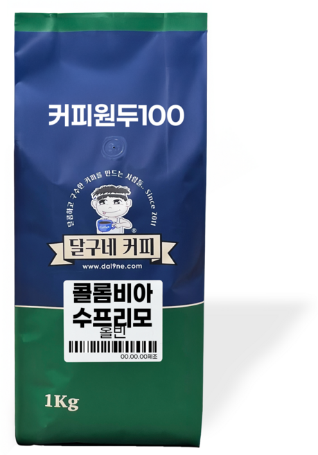 달구네커피 로스팅 1kg 홀빈, 콜롬비아 수프리모, 1개, 홀빈(분쇄안함)