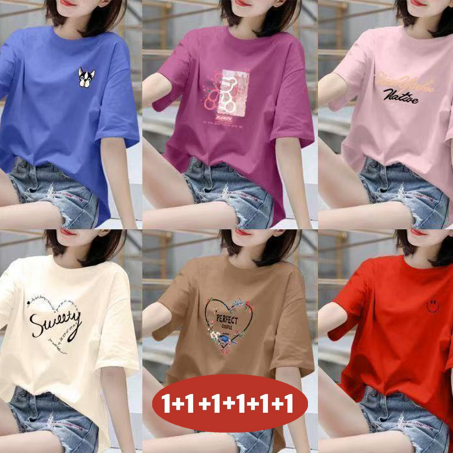 오스틱니(완전 편한) 100kg까지 1+1+1+1+1+1 여성 프린트 라운드넥 반팔 티셔츠 여름 추천 빅사이즈 캐릭터 프린팅 홈웨어 학생복 중년 큰옷 여성의류 여자 티 6종 세트