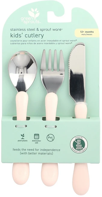 Green Sprouts 스테인리스스틸 & Sprout Shield® 어린이용 커트러리 생후 12개월 이상 핑크 3종 Sprouts (그린 스프라우트), 1개 - 쿠팡