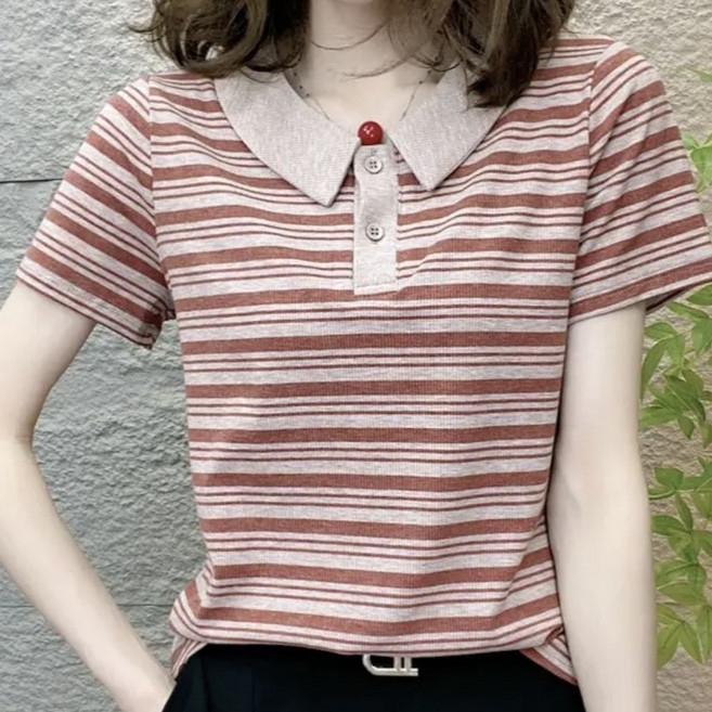 줄무늬 베이직 여성 반팔 카라티 빅사이즈 티셔츠 부드러운 빈티지 정장셔츠