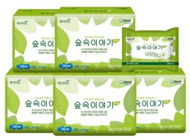 [비건라이프] 예지미인 숲속이야기 비오셀 대형 생리대 날개형 14p x 5팩 + 중형 2p, 6세트