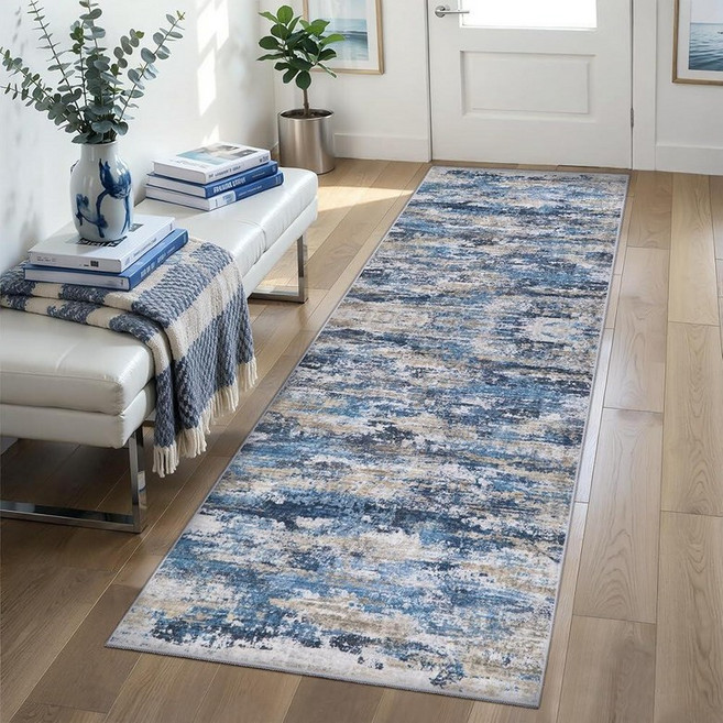 Tangsoo 4x6 Washable Area Rug Modern Non Slip Indoor Rugs for Living Room Abstract Contemporary, Blue/Grey/Brown