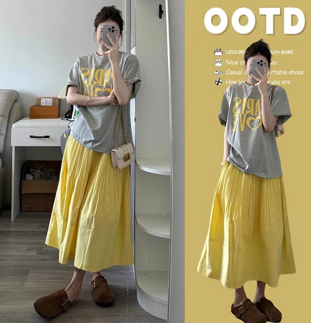 임산부 여름 캐주얼 세트 여름 캐주얼 반팔 티셔츠 플리츠 스커트 세트 간편한 외출룩 JS