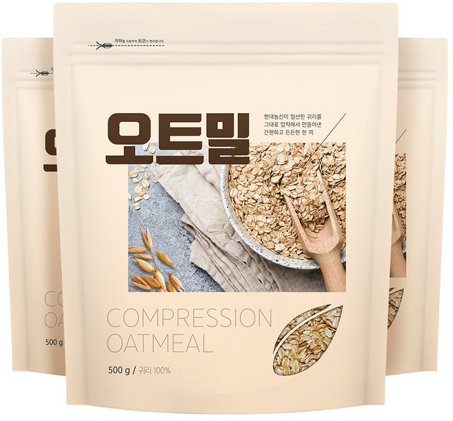 현대농산 오트밀 귀리 100% 시리얼, 500g, 3개