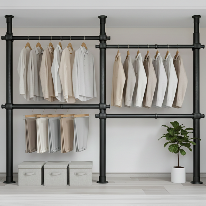 38파이 와이드 4단 행거 튼튼한 고정식 시스템 행거, 넓이 200-360cm x 높이 110-260cm