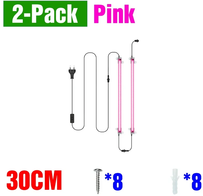 LED 식물 성장 라이트 스트립 전체 실내 꽃 씨앗 수경법 즙이 많은 야채 재배 램프 상자 AC220V, 2-Pack Pink-30CM