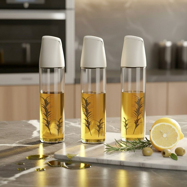 일상가 세척하기쉬운 심플 자동개폐 원형 글라스 유리 오일병 디스펜서 아이보리, 3개, 500ml