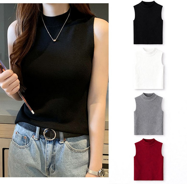 VERIT 로우 터틀넥 골지 나시티 여성용 무지 탑 반목 민소매 티셔츠 VT930