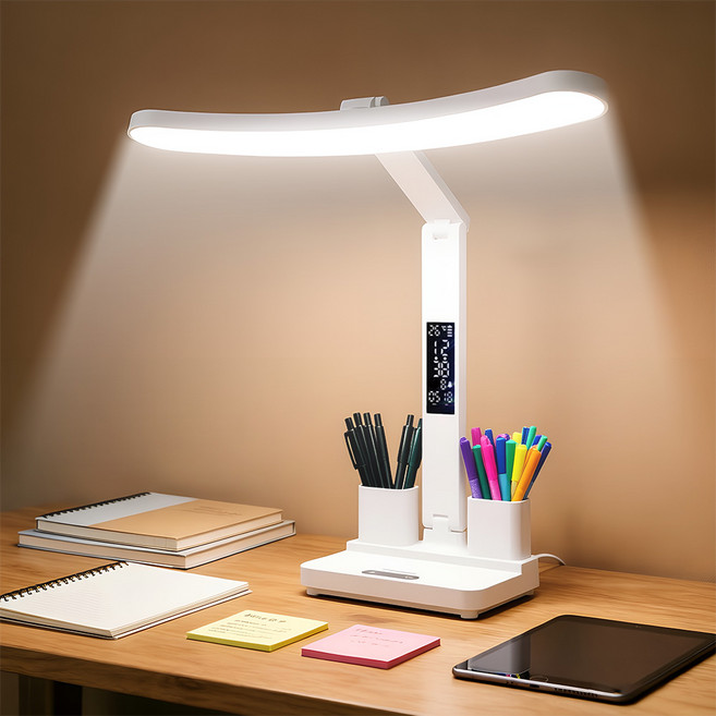 Axylon 펜꽂이 LED 탁상등 시간 온도 표시 독서등 넓은 범위 책상 조명, 화이트