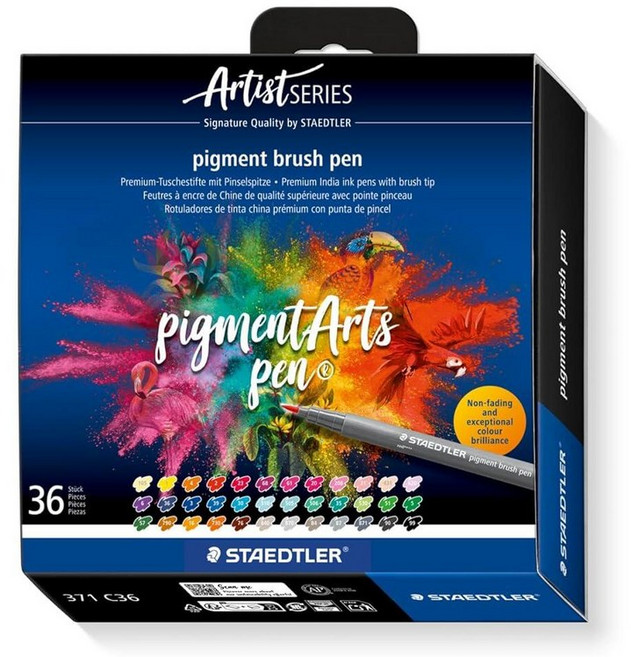 스테들러 STAEDTLER Pigment Arts 멀티 잉크 브러시 펜 다양한 기본 색상 36개 펜촉이 있는 섬유 팁 영구적 방수 저널링 컬러링 핸드 레터링 혼합, 36 Colors