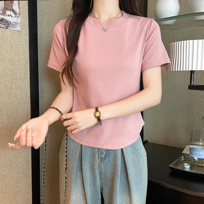 빠뻐을뻔 여성 정어깨 반팔 라운드/V넥 깔끔 슬림 라운드 밑단 티셔츠 - 쿠팡
