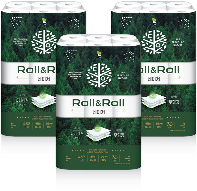 롤앤롤 네이처 화장지 3겹 27m 30롤 3팩 총 90롤, 3개