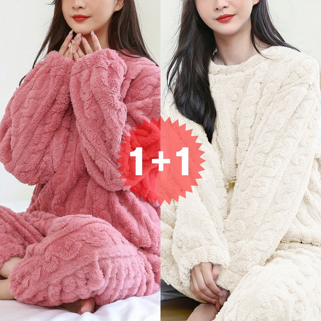 지디오 여성 수면 잠옷 2개 세트 상하의 투피스 루즈핏 긴팔 티셔츠 밴딩 바지 극세사 홈웨어 가을 겨울