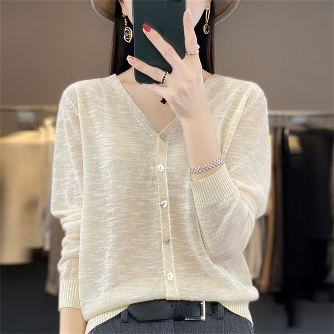 리치언니 여성용 심플한 패션코디 가벼운 통기성 좋은 고급스러운 여름 얇은 브이넥 긴팔 니트 가디건