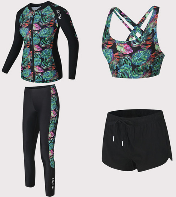 아르고 트로피칼 여성 래쉬가드 4pcs 세트 블랙, 워터레깅스S 보드숏M