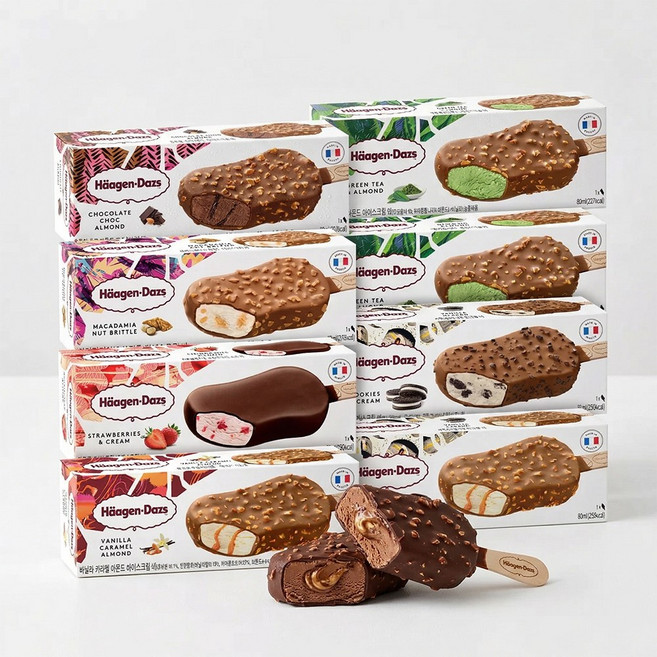 하겐다즈 스틱바 막대 아이스크림 수입 그린티 바닐라카라멜아몬드 초콜릿촉 스트로베리 쿠키앤크림 마카다미아넛브리틀 벨지안초콜릿 헤이즐넛, 8개, 80ml