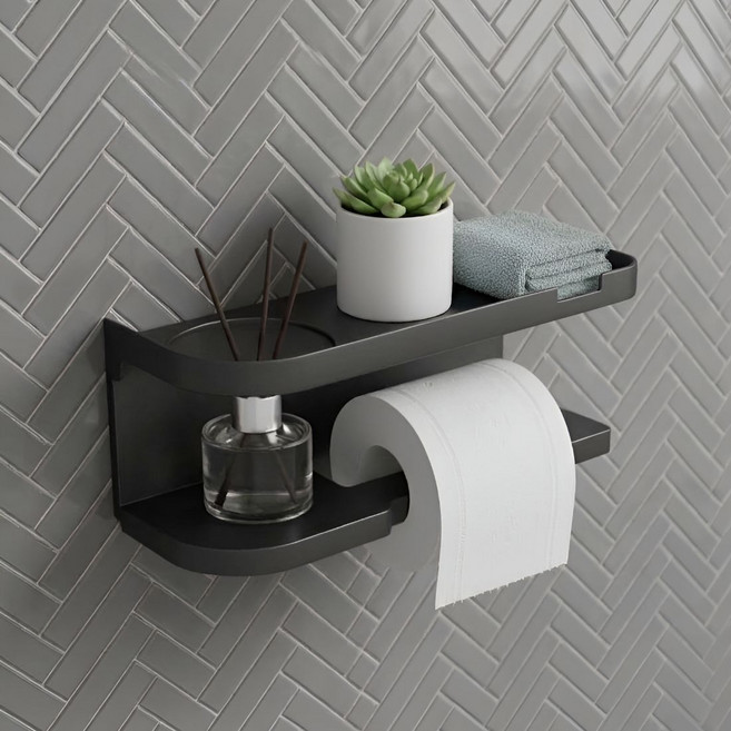 다용도 무타공 화장실 선반 휴지걸이, 블랙, 1개